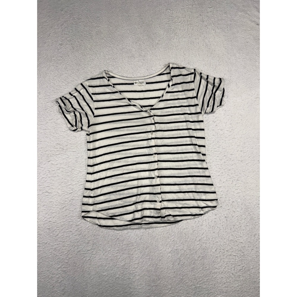Element Eden Womens Small Black White Striped Button Front V-Neck T-Shirt Top